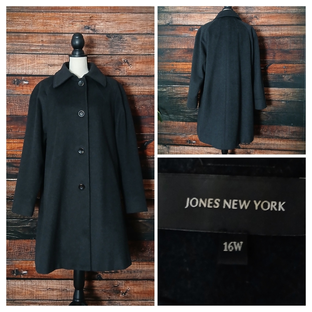Jones New York Pea Coat Plus Size 16W Gray Wool Blend Button Front Pockets